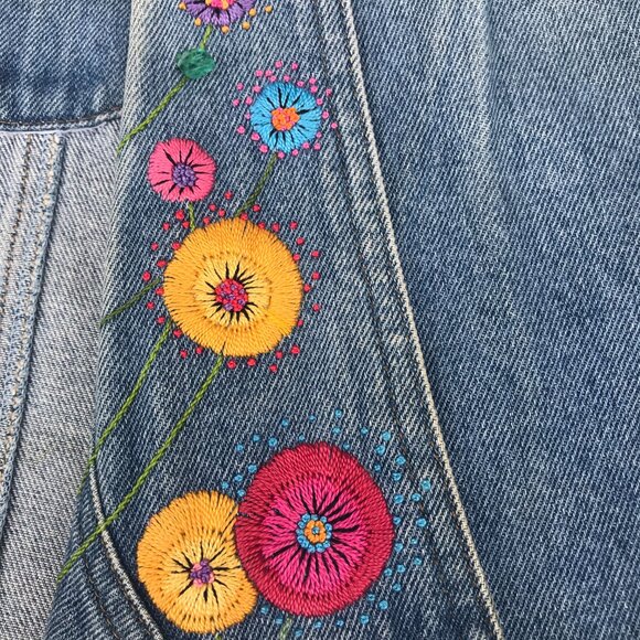 VTG Color Me Cotton Blue Denim Duster Coat Embroidered Flowers/ Buttons  L/XL - Picture 9 of 16